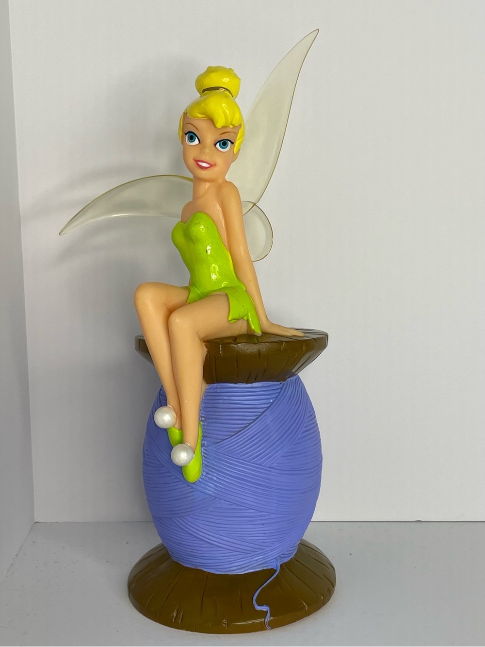 Vintage Disney TinkerBell Fairy Sitting On Thread Spool Piggy Bank 90s 10” - Picture 7 of 15